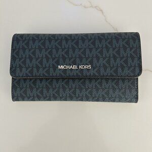 Michael Kors Jet Set Travel Lg Trifold Signature Wallet- Admiral/ Navy/ Silver